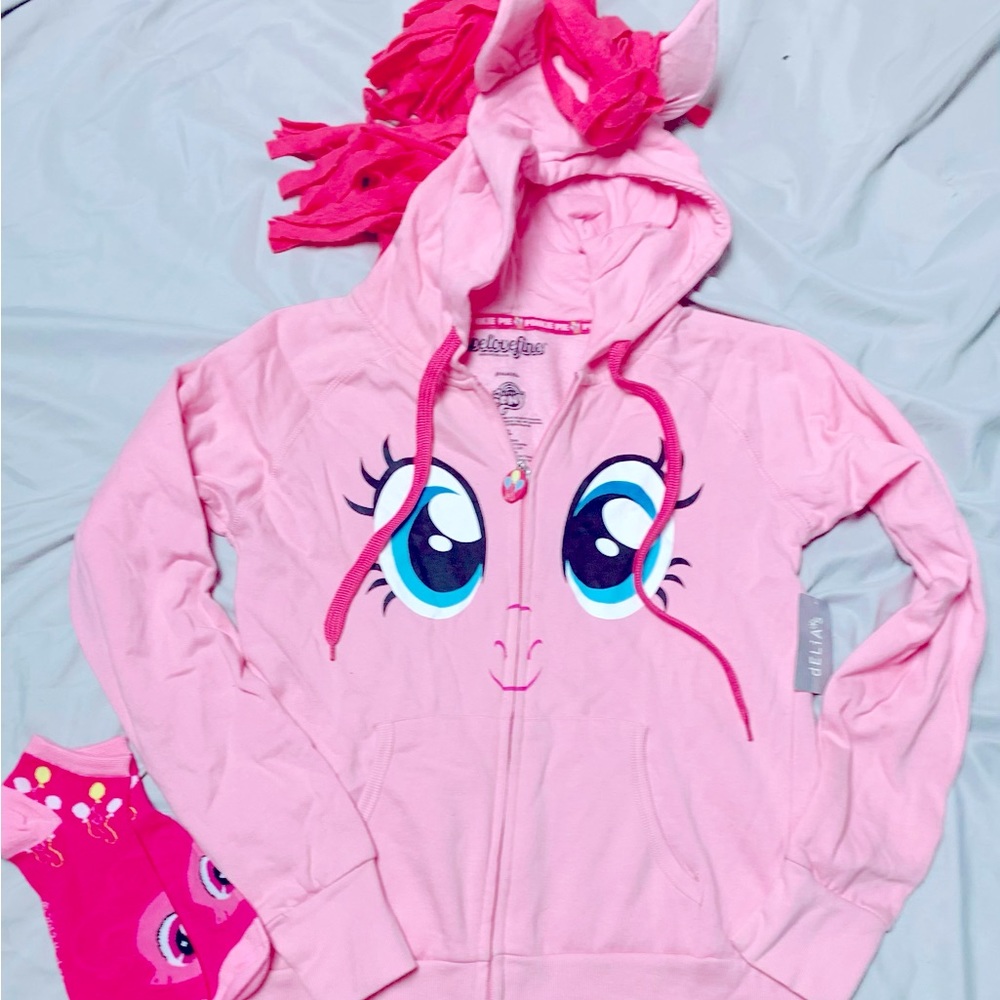 Rare! NWT Y2k My Little Pony WeLoveFine Pinkie Pie ZipUp Graphic Hoodie w Socks
